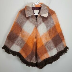 Vtg HUDSON'S BAY c.1960's - 1970's Orange Brown Plaid Mohair Fringe Poncho Coat